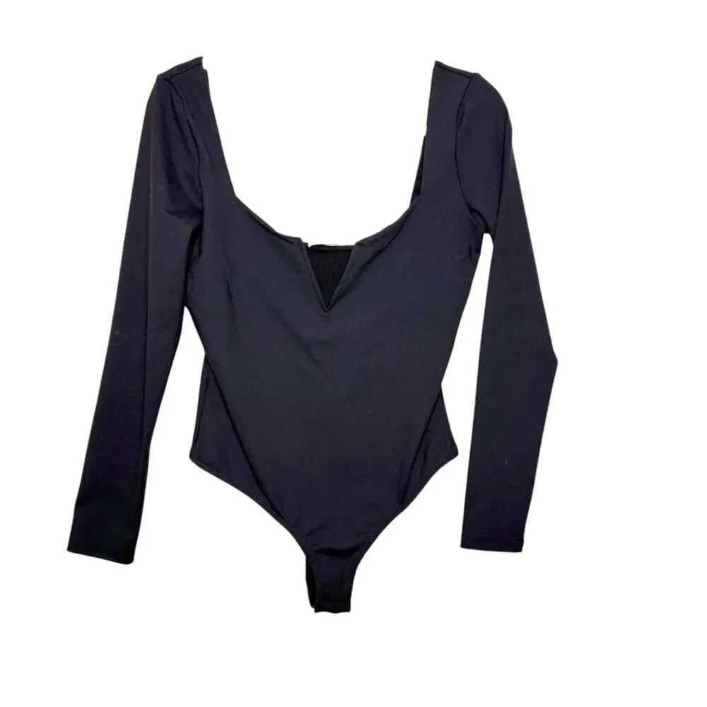 Free People Zoe Bodysuit Stretch Long Sleeve Boho Goth Black Women M‎